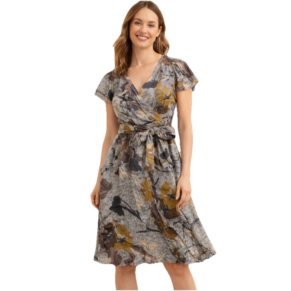 Maeve x Anthropologie Bronwen Gray Floral Silk Belted Faux Wrap Dress NEW Size 8